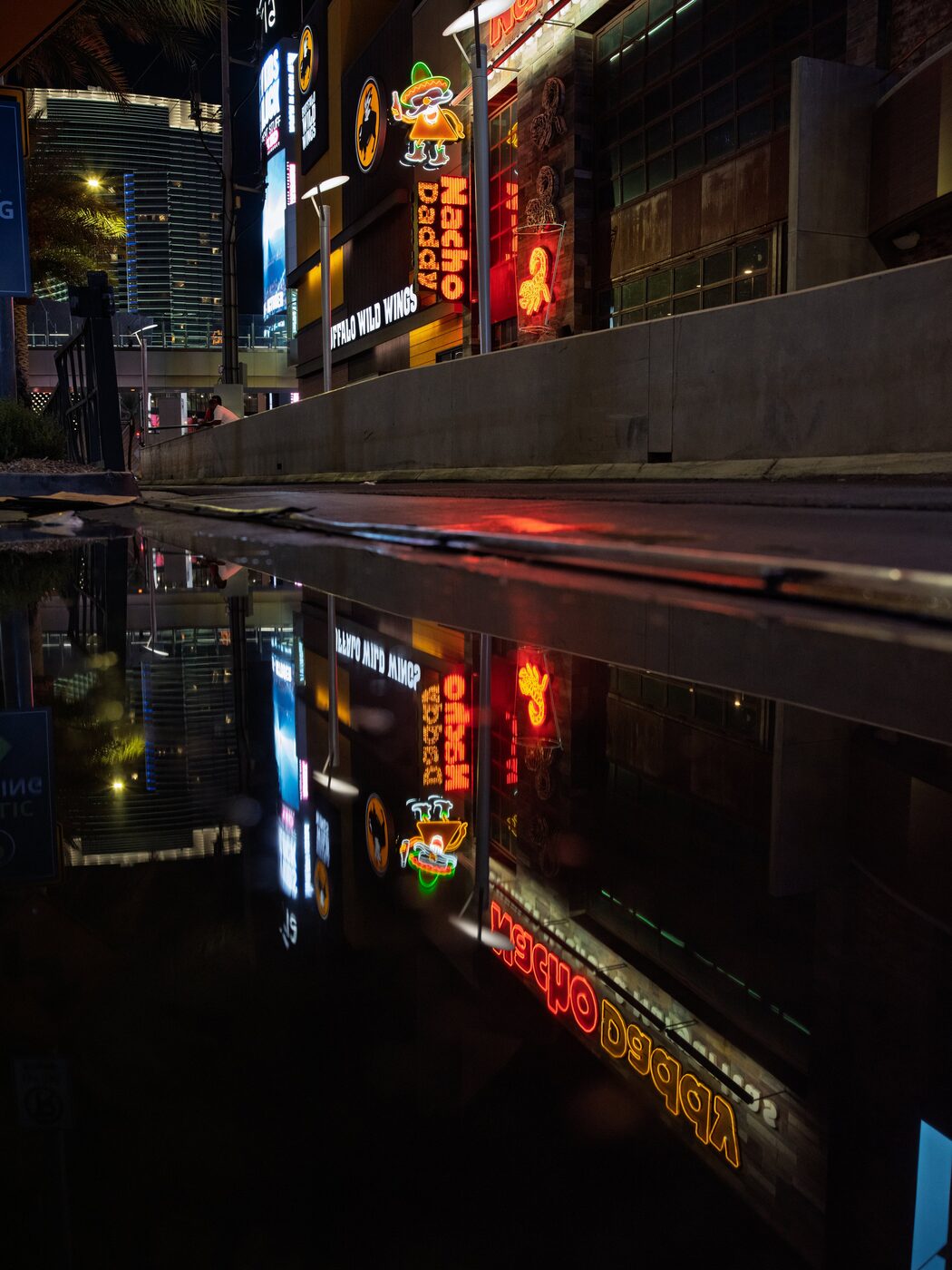 Neon signs reflected in a street puddle
